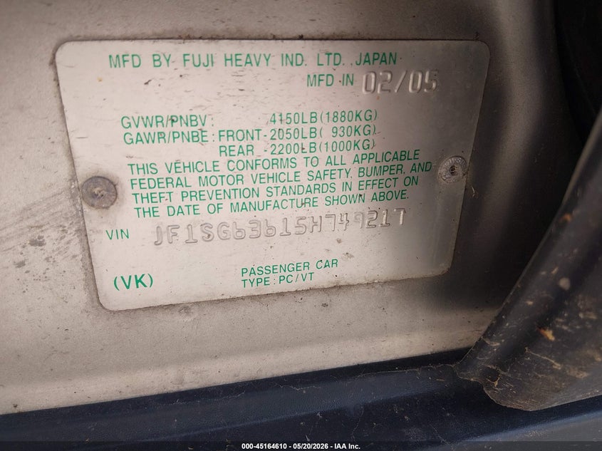 2005 Subaru Forester VIN JF1SG63615H749217 IAAI salvage auction — HAIL, Junk Bill Of Sale Mv2459 (Wisconsin), sold $25 on 2026-07-22 (photo 9)