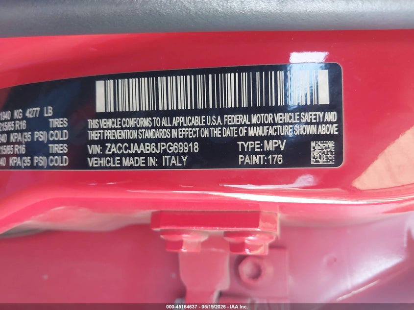 2018 Jeep Renegade VIN ZACCJAAB6JPG69918 IAAI salvage auction — ENGINE DAMAGE, Wait Title, sold $425 on 2026-08-18 (photo 9)