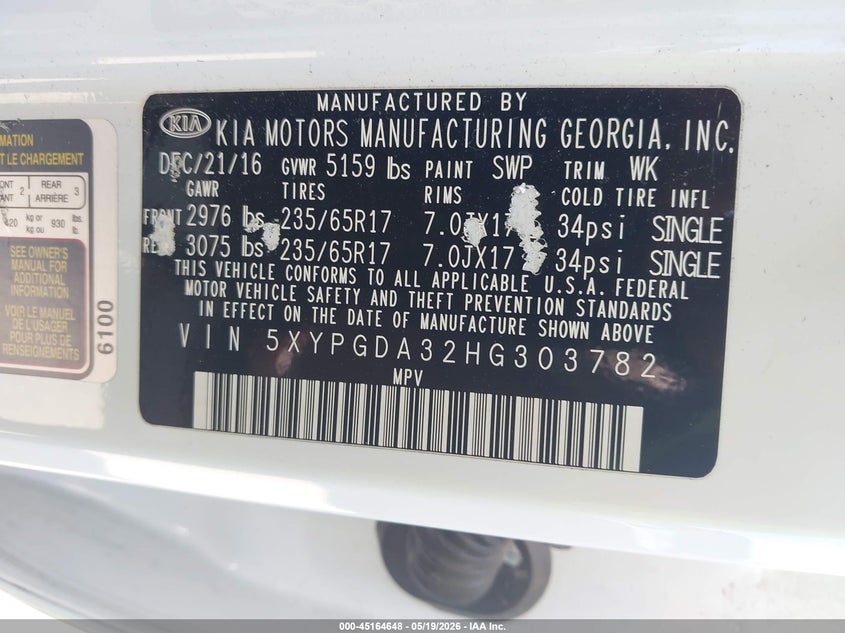 2017 Kia Sorento VIN 5XYPGDA32HG303782 IAAI salvage auction — FRONT & REAR, Salvage (Rhode Island), sold $2,250 on 2026-07-07 (photo 9)