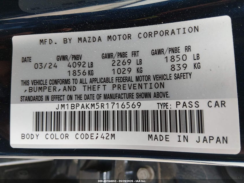 2024 Mazda 3 VIN JM1BPAKM5R1716569 IAAI salvage auction — REAR END, Salvage (Texas), sold $4,100 on 2026-07-10 (photo 9)