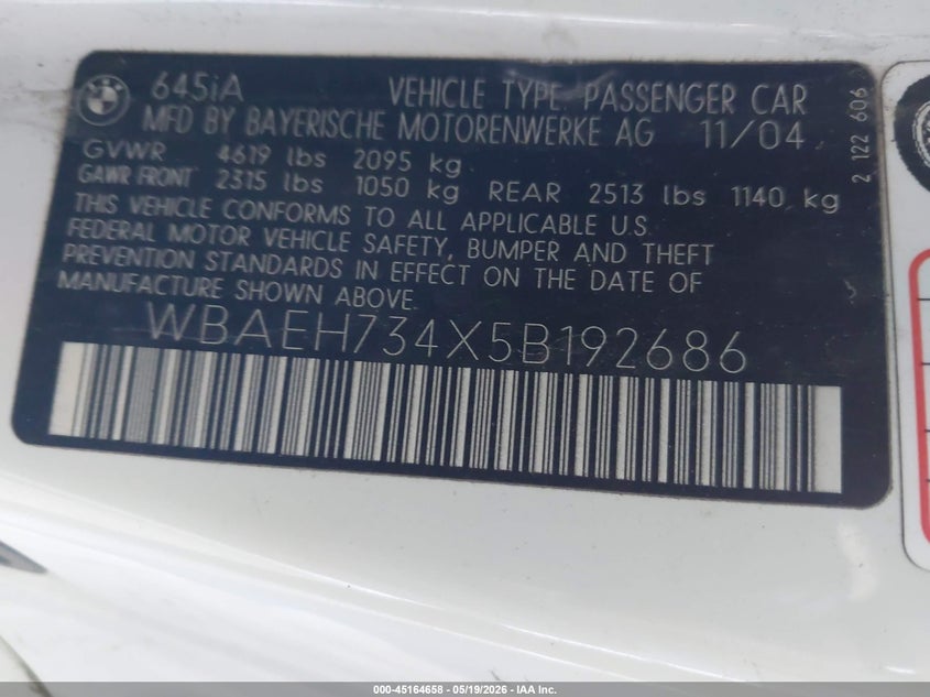 2005 BMW 6 series VIN WBAEH734X5B192686 IAAI salvage auction — NORMAL WEAR, Clear - Dealer Only (California), sold $650 on 2026-07-07 (photo 9)