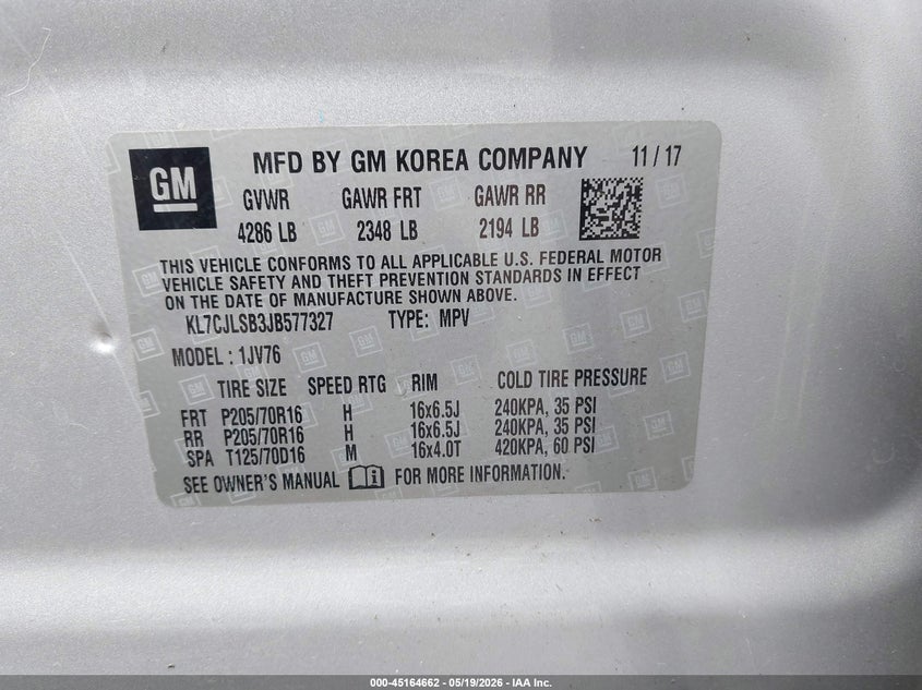 2018 Chevrolet Trax VIN KL7CJLSB3JB577327 IAAI salvage auction — FRONT & REAR, Clear (Hawaii), sold $1,050 on 2026-07-21 (photo 9)