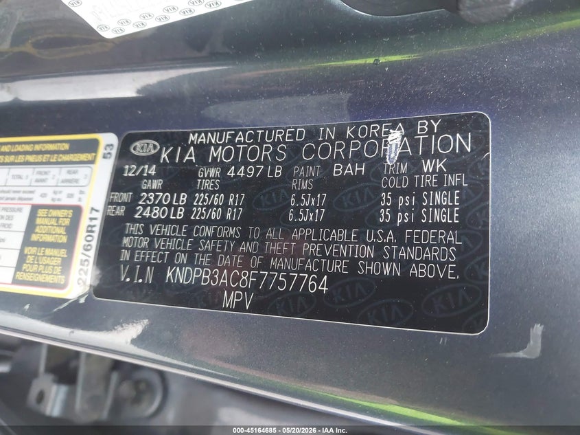 2015 Kia Sportage VIN KNDPB3AC8F7757764 IAAI salvage auction — FRAME DAMAGE, Salvage (Texas), sold $1,650 on 2026-07-15 (photo 9)