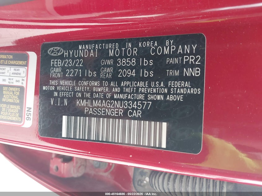 2022 Hyundai Elantra VIN KMHLM4AG2NU334577 IAAI salvage auction — LEFT SIDE, Salvage (Iowa), sold $4,500 on 2026-07-28 (photo 9)