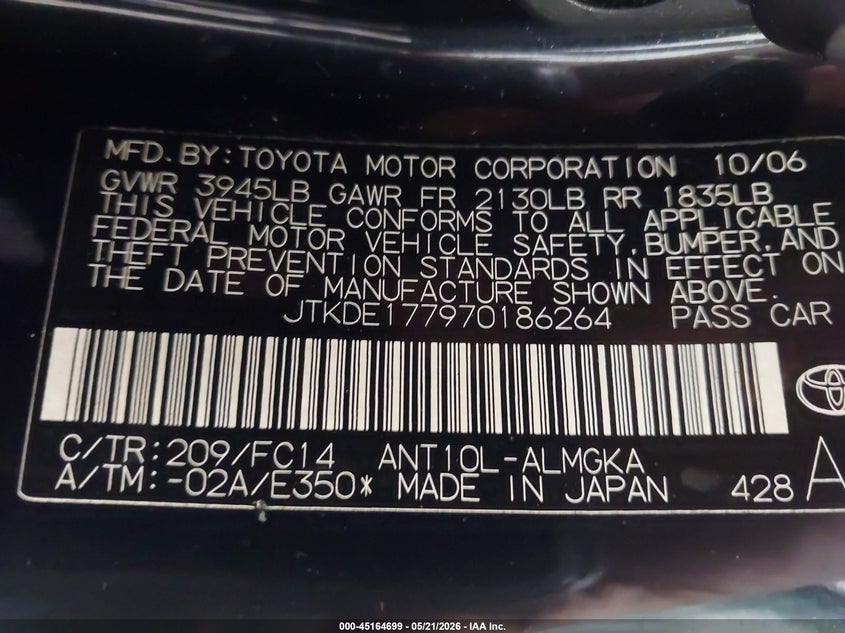 2007 Scion Tc VIN JTKDE177970186264 IAAI salvage auction — LEFT REAR, Mv-907A (New York), sold $500 on 2026-07-08 (photo 9)