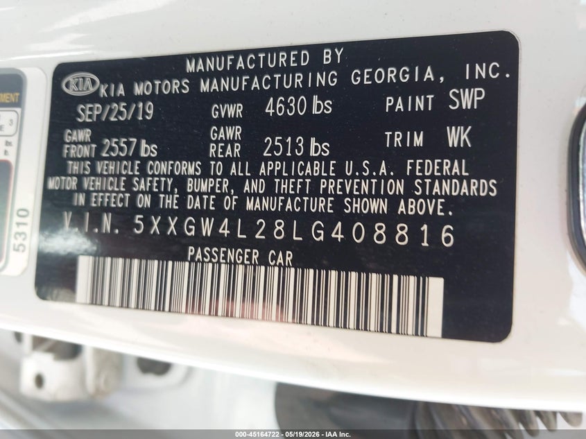 2020 Kia Optima VIN 5XXGW4L28LG408816 IAAI salvage auction — RIGHT FRONT, Salvage (California), sold $3,550 on 2026-07-27 (photo 9)