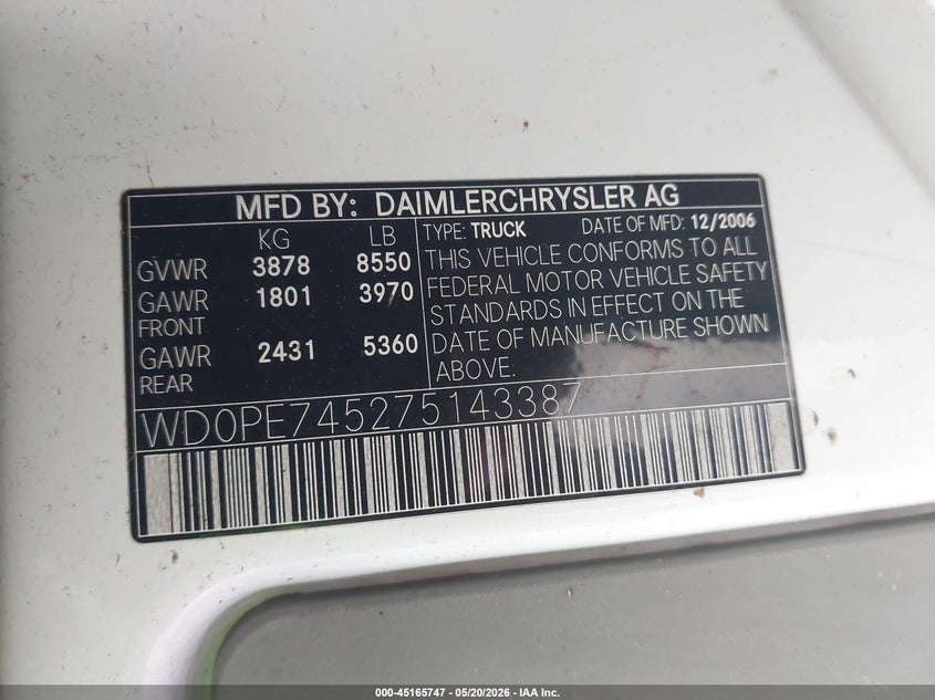 2007 Dodge Sprinter VIN WD0PE745275143387 IAAI salvage auction — NORMAL WEAR, Clear (Washington), sold $2,200 on 2026-07-15 (photo 9)
