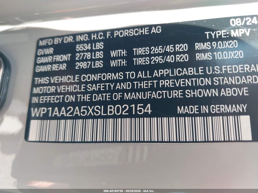 2025 Porsche Macan VIN WP1AA2A5XSLB02154 IAAI salvage auction — SIDE, Salvage (Virginia), sold $10,300 on 2026-07-30 (photo 9)