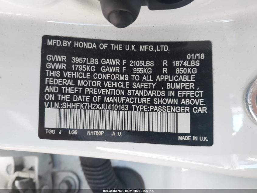2018 Honda Civic VIN SHHFK7H2XJU410163 IAAI salvage auction — REAR END, Bill Of Sale (Hawaii), sold $725 on 2026-07-21 (photo 9)