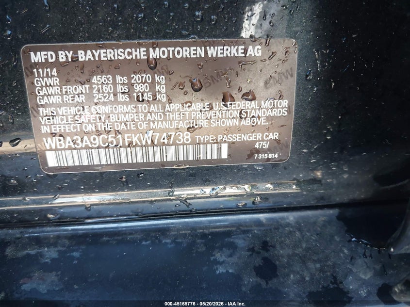2015 BMW 3er VIN WBA3A9C51FKW74738 IAAI salvage auction — FRONT END, Salvage (North Carolina), sold $1,575 on 2026-08-20 (photo 9)