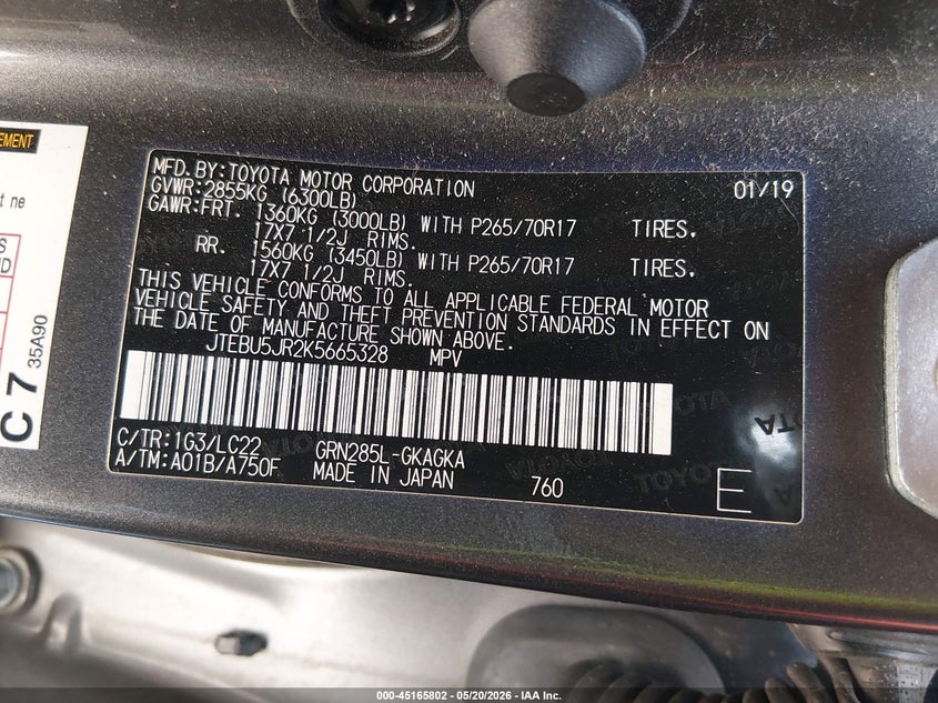 2019 Toyota 4runner VIN JTEBU5JR2K5665328 IAAI salvage auction — FRONT END, Salvage (New Mexico), sold $8,875 on 2026-07-06 (photo 9)