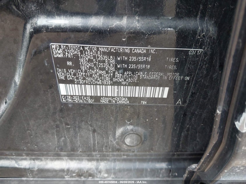 2017 Toyota Rav 4 VIN 2T3DFREV0HW619391 IAAI salvage auction — HAIL, Salvage Title, sold $6,300 on 2026-07-29 (photo 9)