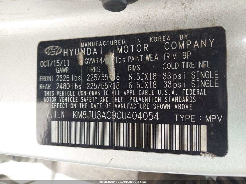 2012 Hyundai Tucson VIN KM8JU3AC9CU404054 IAAI salvage auction — LEFT FRONT, Clear (Florida), sold $1,125 on 2026-07-15 (photo 9)