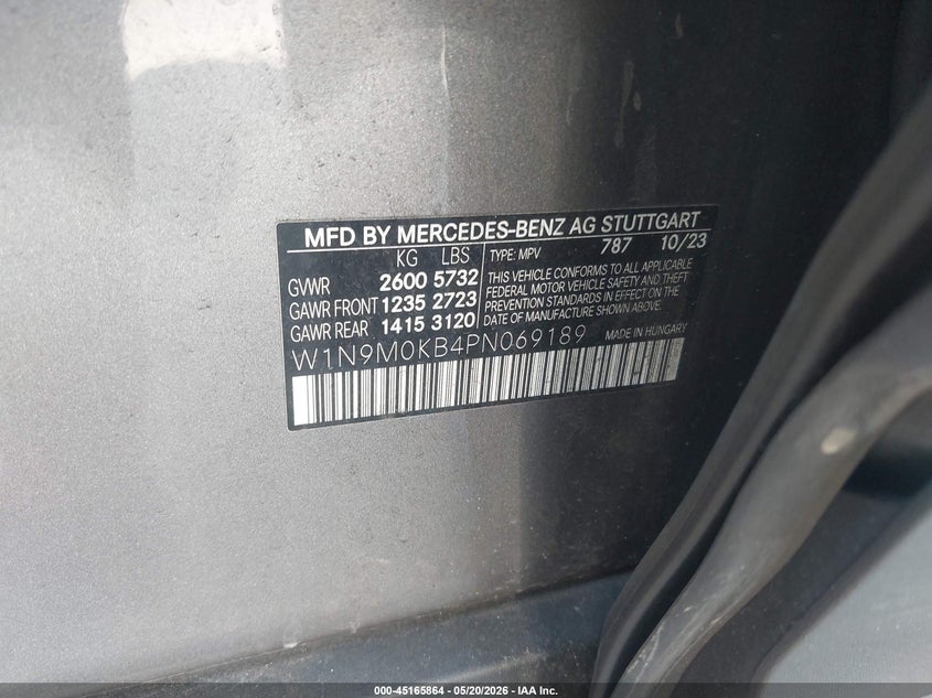 2023 Mercedes-benz VIN W1N9M0KB4PN069189 IAAI salvage auction — REAR END, Salvage (California), sold $9,000 on 2026-07-23 (photo 9)