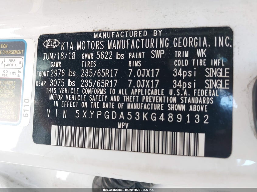 2019 Kia Sorento VIN 5XYPGDA53KG489132 IAAI salvage auction — FRONT END, Salvage (New Jersey), sold $1,950 on 2026-08-01 (photo 9)