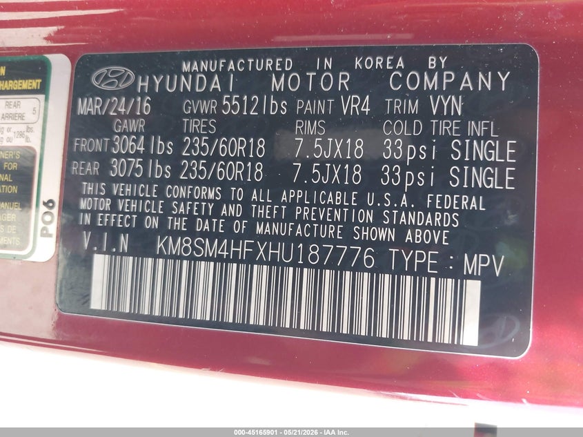 2017 Hyundai Santa fe VIN KM8SM4HFXHU187776 IAAI salvage auction — LEFT SIDE, Salvage (Oregon), sold $3,100 on 2026-07-23 (photo 9)