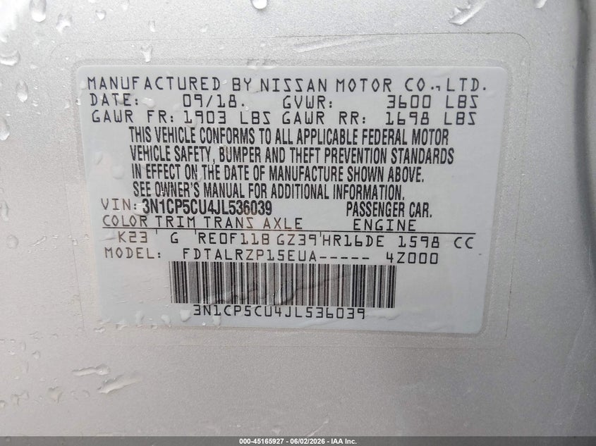 2018 Nissan Kicks VIN 3N1CP5CU4JL536039 IAAI salvage auction — REAR END, Clear (Hawaii), sold $2,550 on 2026-07-23 (photo 9)