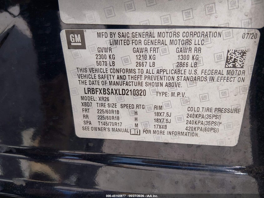 2020 Buick Envision VIN LRBFXBSAXLD210320 IAAI salvage auction — HAIL, Clear (Missouri), sold $2,450 on 2026-07-20 (photo 9)