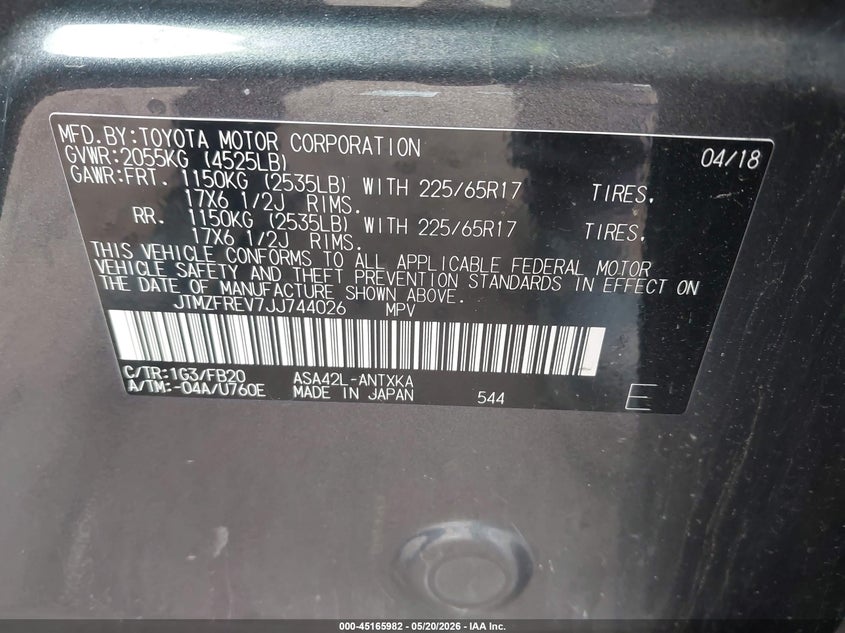 2018 Toyota Rav 4 VIN JTMZFREV7JJ744026 IAAI salvage auction — LEFT REAR, Salvage (Montana), sold $6,900 on 2026-07-15 (photo 9)