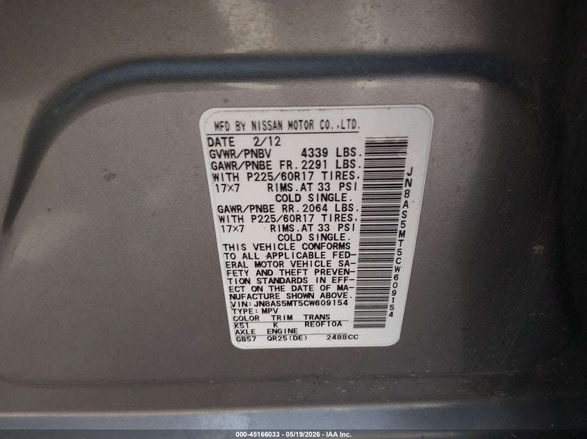 2012 Nissan Rogue VIN JN8AS5MT5CW609154 IAAI salvage auction — NORMAL WEAR, Bill Of Sale (Tennessee), sold $300 on 2026-07-15 (photo 9)