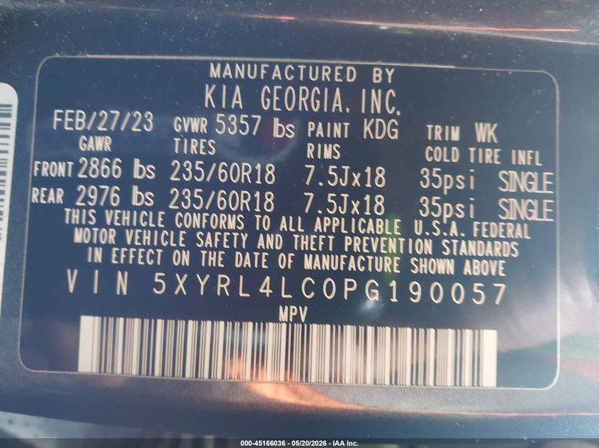 2023 Kia Sorento VIN 5XYRL4LC0PG190057 IAAI salvage auction — UNKNOWN, Bill Of Sale (Hawaii), sold $4,450 on 2026-07-14 (photo 9)