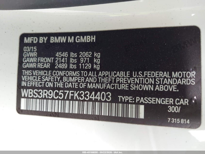 2015 BMW M4 VIN WBS3R9C57FK334403 IAAI salvage auction — FRONT END, Salvage (Montana), sold $7,500 on 2026-07-22 (photo 9)