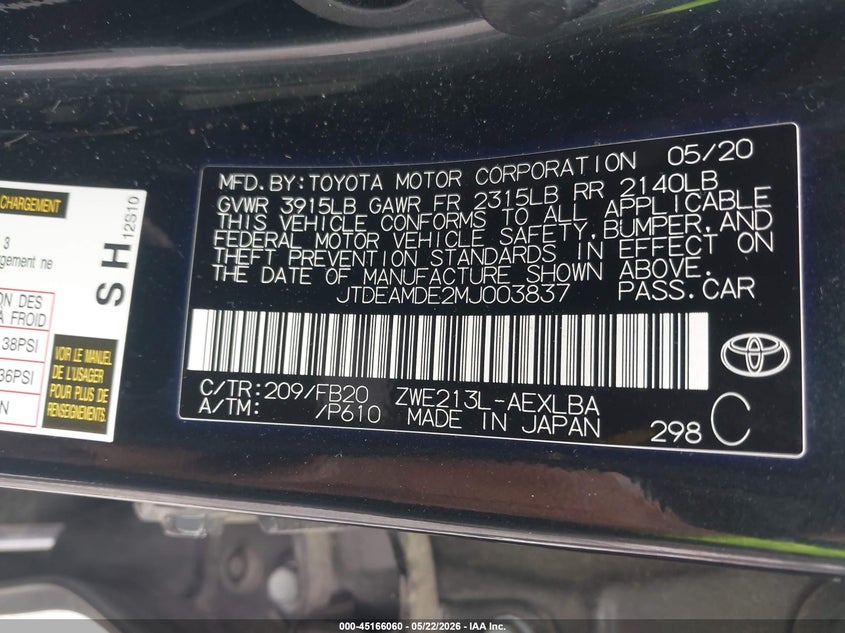 2021 Toyota Corolla VIN JTDEAMDE2MJ003837 IAAI salvage auction — HAIL, Clear (Missouri), sold $7,800 on 2026-07-14 (photo 9)