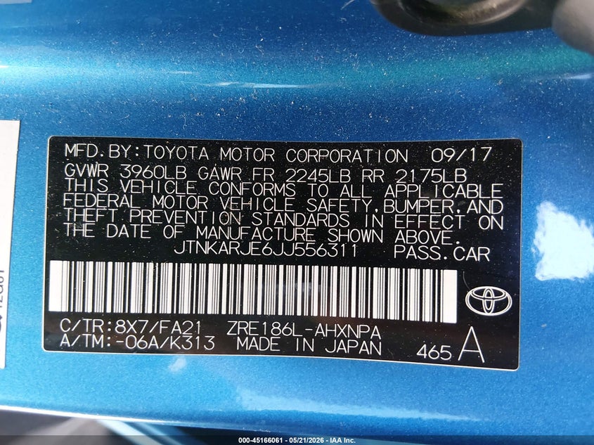 2018 Toyota Corolla VIN JTNKARJE6JJ556311 IAAI salvage auction — REAR END, Salvage (Utah), sold $2,375 on 2026-07-18 (photo 9)