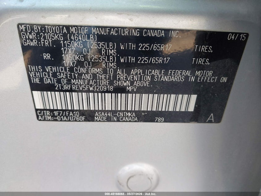 2015 Toyota Rav 4 VIN 2T3RFREV5FW320918 IAAI salvage auction — ROLLOVER, Salvage Title, sold $175 on 2026-07-22 (photo 9)