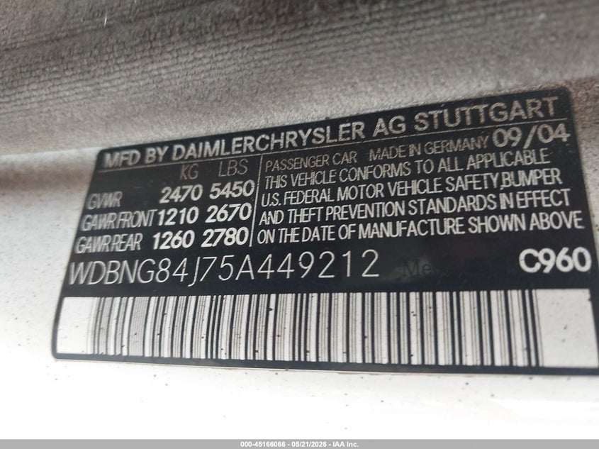 2005 Mercedes-benz VIN WDBNG84J75A449212 IAAI salvage auction — NORMAL WEAR, Clear (Tennessee), sold $625 on 2026-07-15 (photo 9)