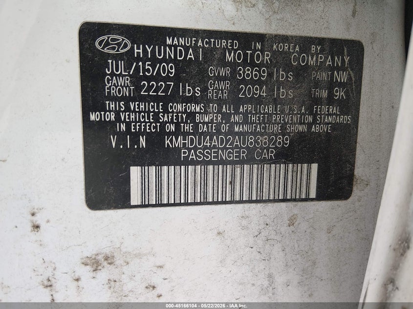 2010 Hyundai Elantra VIN KMHDU4AD2AU838289 IAAI salvage auction — NORMAL WEAR, Repossessed (Missouri), sold $675 on 2026-07-07 (photo 9)