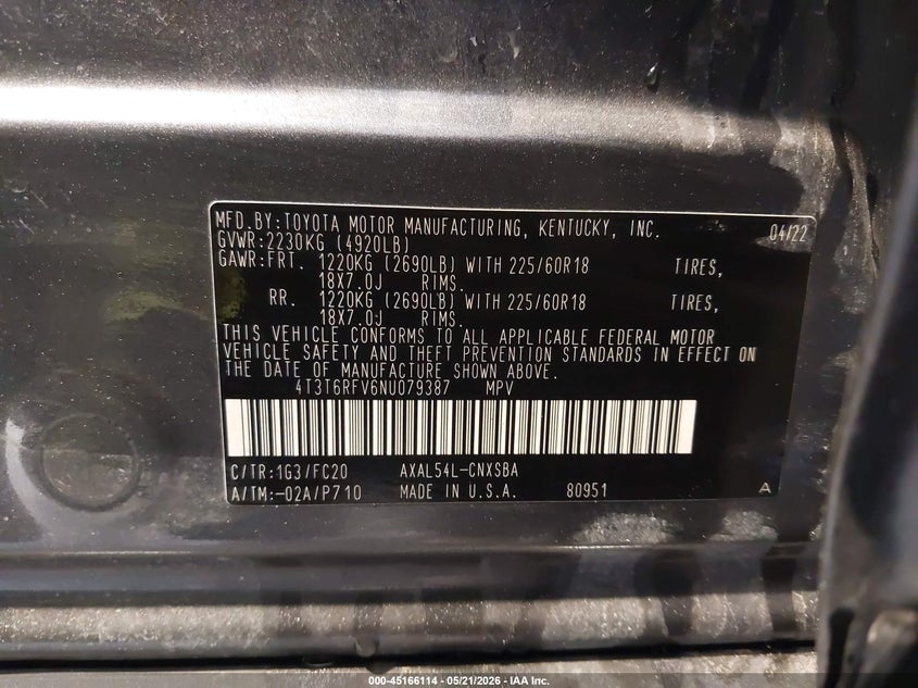 2022 Toyota Rav 4 VIN 4T3T6RFV6NU079387 IAAI salvage auction — REAR END, Salvage (Utah), sold $12,100 on 2026-07-29 (photo 9)