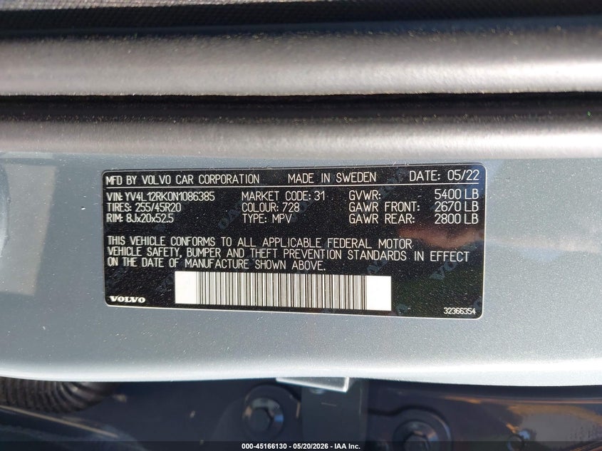 2022 Volvo Xc60 VIN YV4L12RK0N1086385 IAAI salvage auction — FRONT END, Salvage (New Hampshire), sold $12,700 on 2026-09-05 (photo 9)