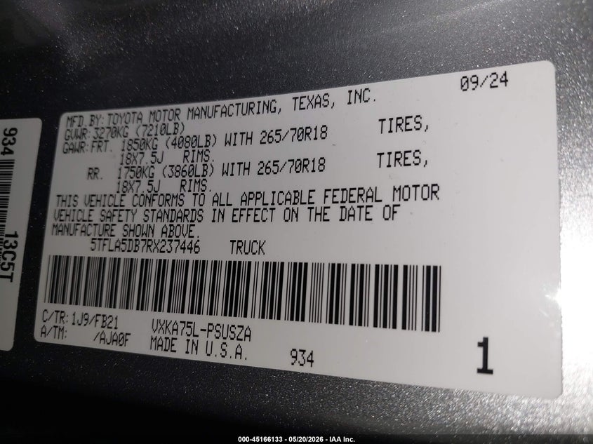 2024 Toyota Tundra VIN 5TFLA5DB7RX237446 IAAI salvage auction — FRONT END, Salvage (Arizona), sold $16,425 on 2026-07-14 (photo 9)