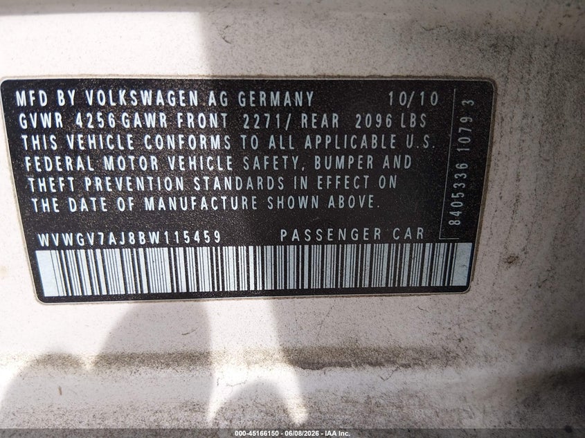 2011 Volkswagen Gti VIN WVWGV7AJ8BW115459 IAAI salvage auction — RIGHT REAR, Clear (South Carolina), sold $1,650 on 2026-07-14 (photo 9)