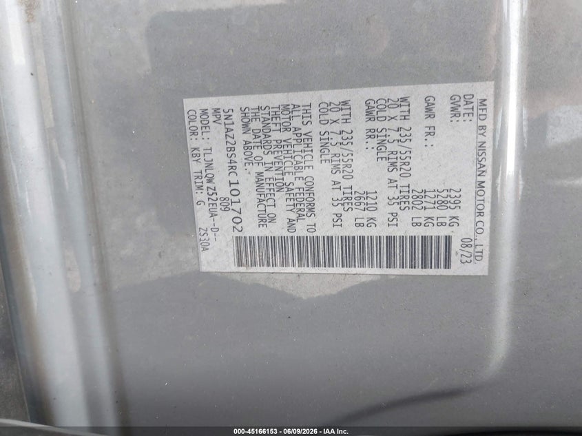2024 Nissan Murano VIN 5N1AZ2BS4RC101702 IAAI salvage auction — HAIL, Salvage Title, sold $15,450 on 2026-07-06 (photo 9)