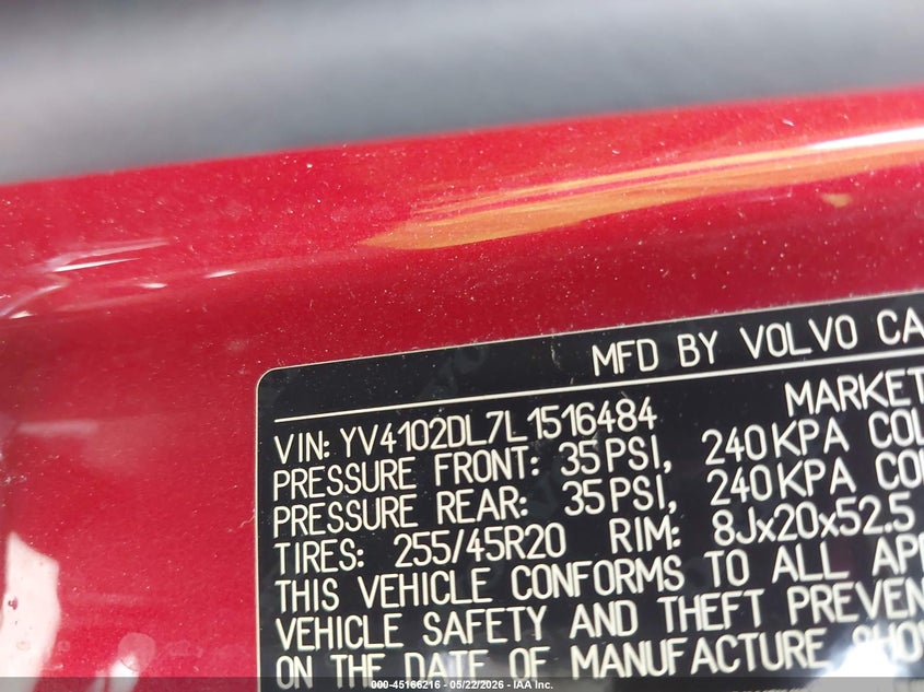 2020 Volvo Xc60 VIN YV4102DL7L1516484 IAAI salvage auction — LEFT SIDE, Clear (Arizona), sold $8,550 on 2026-07-07 (photo 9)