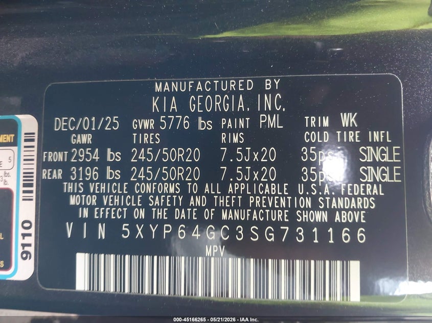 2025 Kia Telluride VIN 5XYP64GC3SG731166 IAAI salvage auction — FRONT END, Original (Texas), sold $10,600 on 2026-07-29 (photo 9)