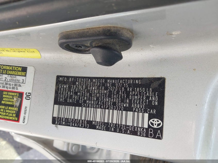 2015 Toyota Corolla VIN 5YFBURHE4FP363370 IAAI salvage auction — FRONT END, Original (Texas), sold $2,300 on 2026-07-27 (photo 9)
