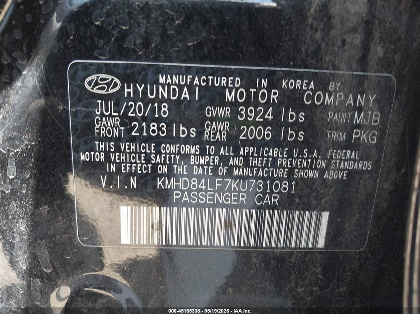 2019 Hyundai Elantra VIN KMHD84LF7KU731081 IAAI salvage auction — REAR END, Salvage (California), sold $2,500 on 2026-07-20 (photo 9)