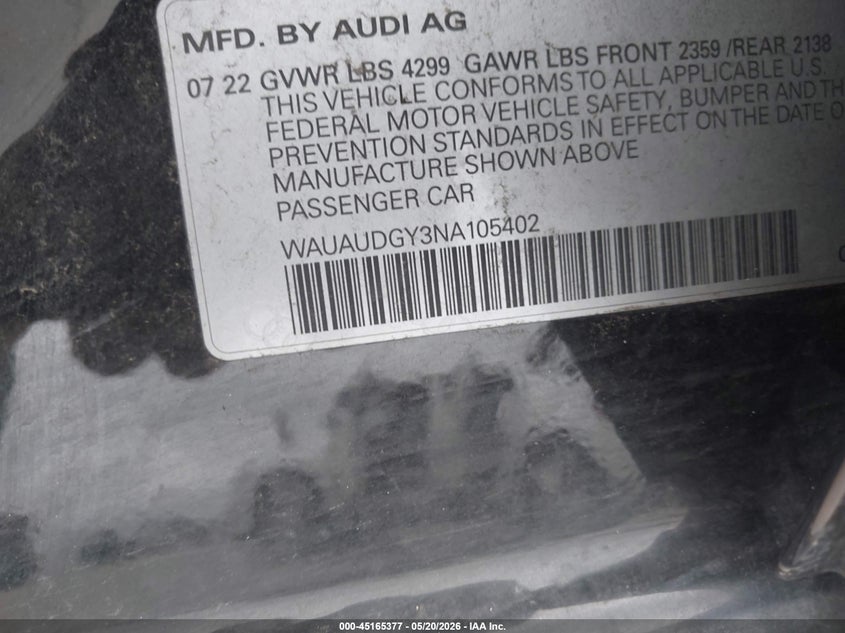 2022 Audi A3 VIN WAUAUDGY3NA105402 IAAI salvage auction — FRONT END, Original (Texas), sold $10,400 on 2026-07-22 (photo 9)