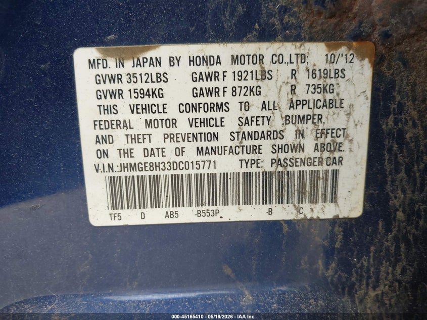 2013 Honda Fit VIN JHMGE8H33DC015771 IAAI salvage auction — LEFT SIDE, Salvage (Maine), sold $300 on 2026-07-20 (photo 9)