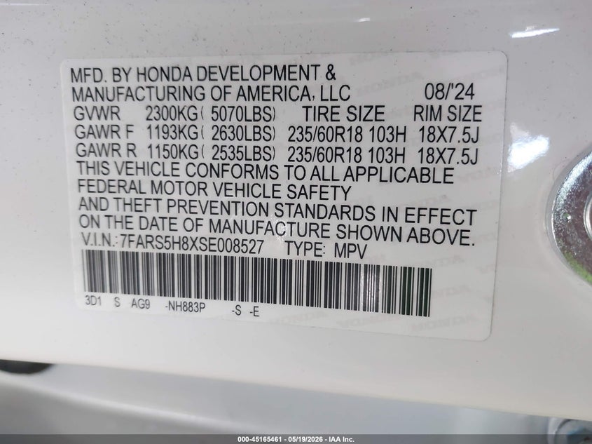 2025 Honda Cr-v VIN 7FARS5H8XSE008527 IAAI salvage auction — FRONT END, Salvage Title, sold $7,300 on 2026-07-25 (photo 9)