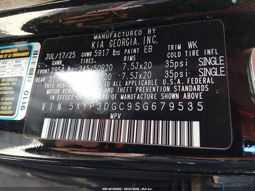 2025 Kia Telluride VIN 5XYP3DGC9SG679535 IAAI salvage auction — HAIL, Salvage (Ohio), sold $20,750 on 2026-07-14 (photo 9)