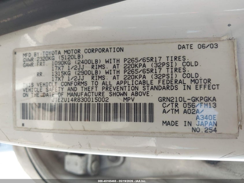 2003 Toyota 4runner VIN JTEZU14R830015002 IAAI salvage auction — NORMAL WEAR, Original (Texas), sold $1,900 on 2026-07-08 (photo 9)
