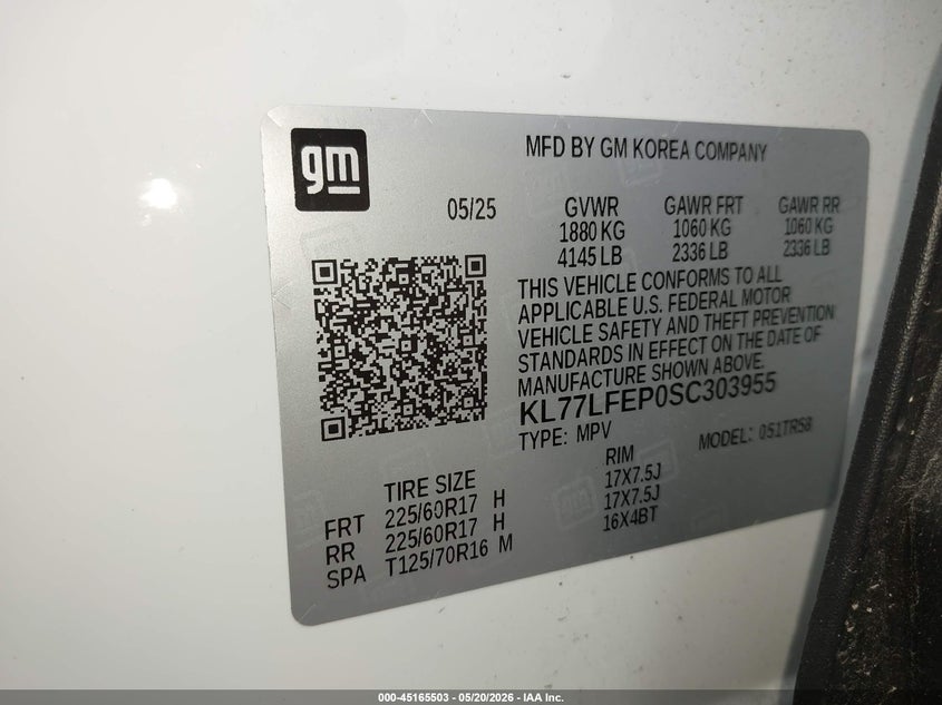 2025 Chevrolet Trax VIN KL77LFEP0SC303955 IAAI salvage auction — HAIL, Clear (Missouri), sold $6,300 on 2026-07-13 (photo 9)