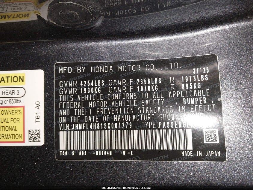 2025 Honda Civic VIN JHMFL4H81SX001279 IAAI salvage auction — FRONT END, Salvage (Oregon), sold $11,250 on 2026-07-09 (photo 9)