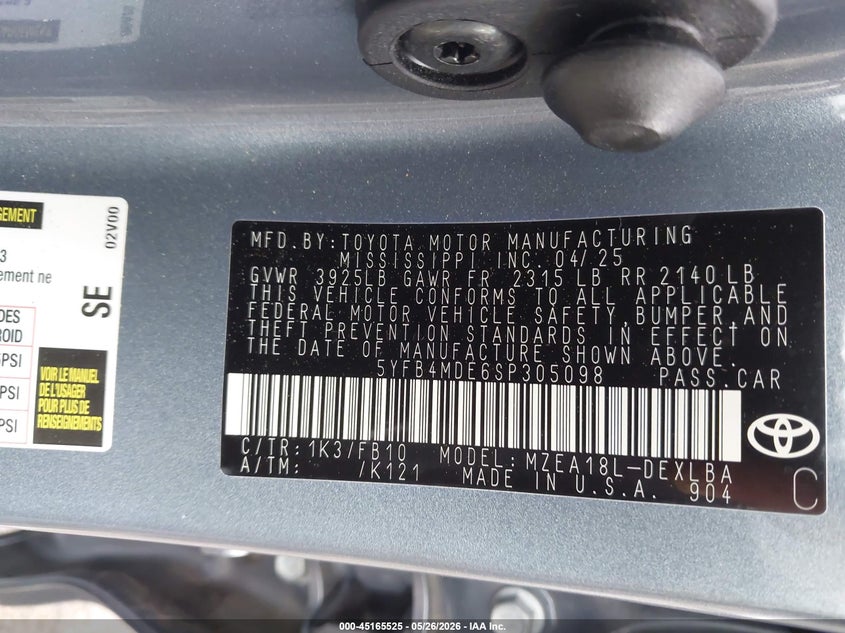 2025 Toyota Corolla VIN 5YFB4MDE6SP305098 IAAI salvage auction — LEFT REAR, Salvage (Virginia), sold $5,600 on 2026-07-31 (photo 9)