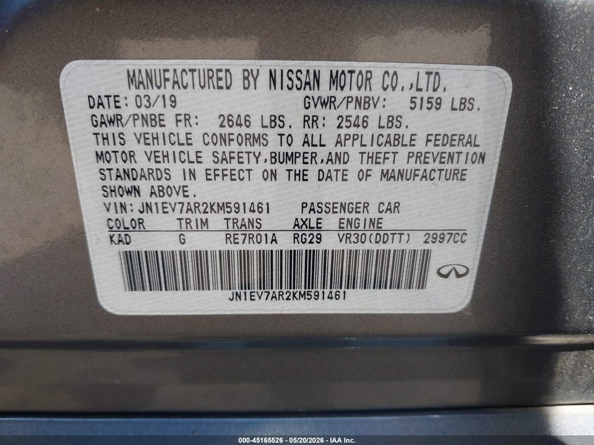 2019 Infiniti Q50 VIN JN1EV7AR2KM591461 IAAI salvage auction — FRONT END, Salvage (Idaho), sold $3,100 on 2026-07-29 (photo 9)