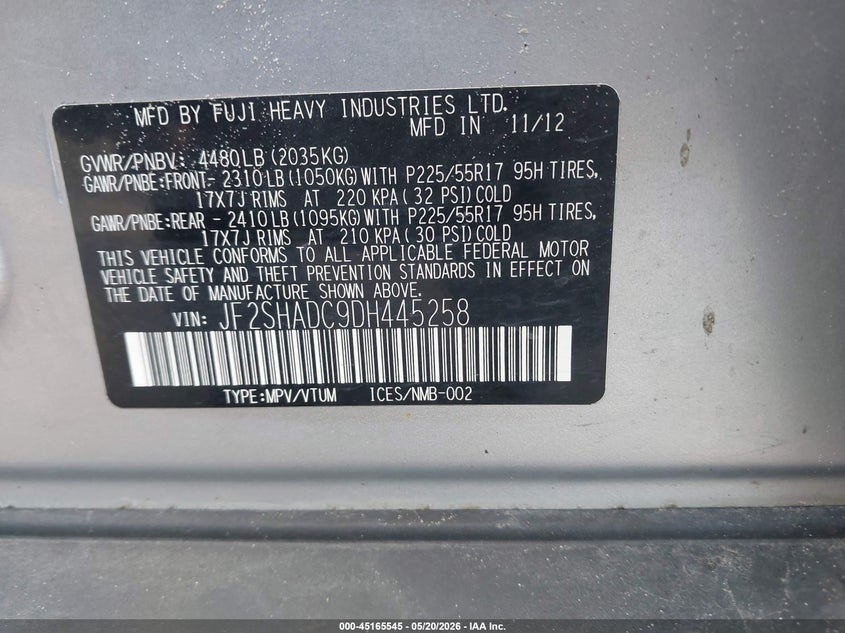 2013 Subaru Forester VIN JF2SHADC9DH445258 IAAI salvage auction — ENGINE DAMAGE, Original (Texas), sold $400 on 2026-07-29 (photo 9)